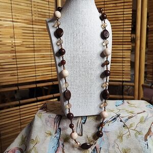 Vintage Moonstone Brown Beaded Necklace Marbled Oval Acrylic Faux Matte Stone